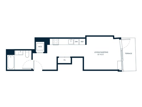 Floor plan for studio, 1 bath, 389 sqft